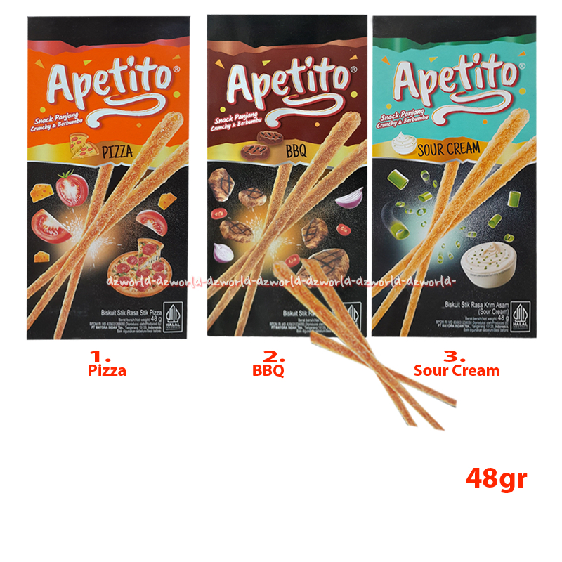 Apetito 48gr Biskuit Stik Rasa Pizza BBQ Sour Cream Snack Panjang Cemilan Biskuit Crunchy Berbumbu A