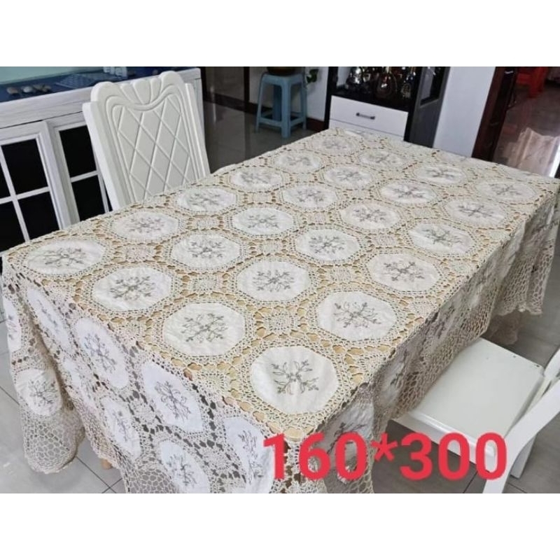 taplak meja makan kain katun rajut sulam pita premium kursi10-12 persegi panjang ukuran 160x300cm