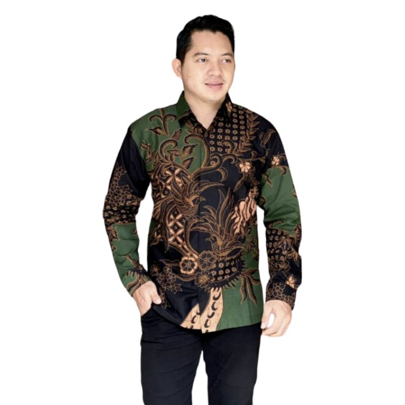 Batik Pria Lengan Panjang hijau BATIK KEMEJA FURING Reguler Fit Keris Modern HIJAU GREEN IJO Premium