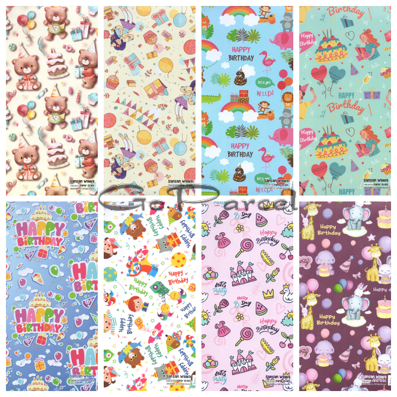 

( 5 Lembar ) BDAY SANWA - KERTAS KADO HAPPY BIRTHDAY - GIFT WRAPPING PAPER SANSAN WAWA ULANG TAHUN HBD / ANIMAL / BINATANG / BEAR / UNICORN / BALON / PARTY / PESTA / BALLOON / CLOWN / CATS / GIRLS / BOYS / ANAK / KADO / GIFTS / PRESENT / KUDA PONY