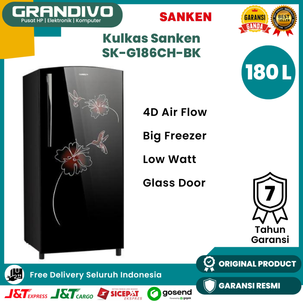 Kulkas Sanken 180 Liter SK-G186CH-BK Kulkas 1 Pintu Glass Door Low Watt Big Freezer - Grandivo