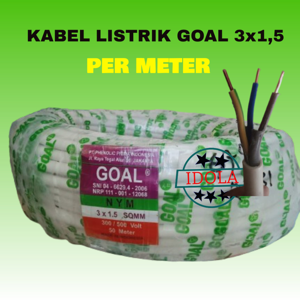 Kabel Listrik ukuran 3 x1,5 Goal Tembaga Murni Standar PLN Meteran per meter