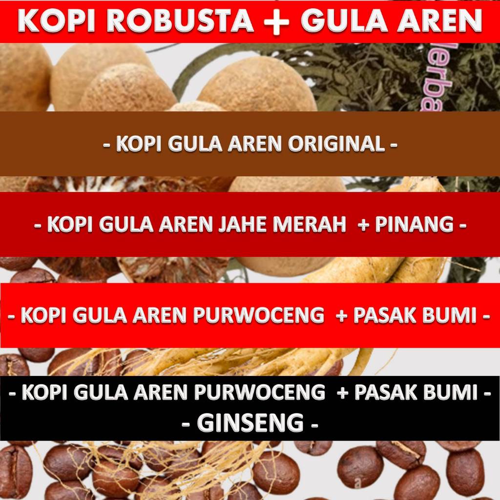 

KOPI GULA AREN PURWOCENG + PASAK BUMI ( NETTO 400 GRAM )