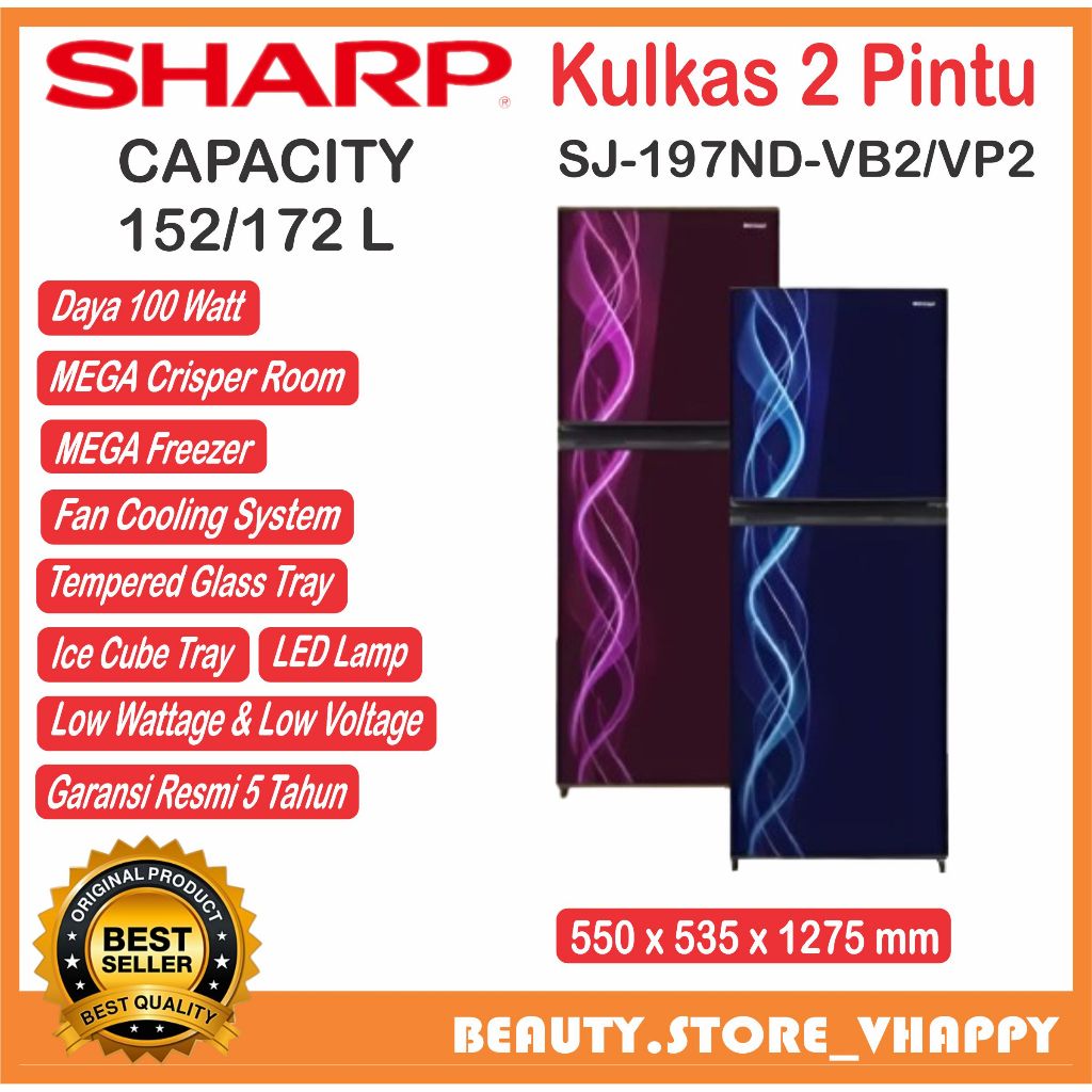 Kulkas 2 pintu SHARP 152/172 Liter SJ-197ND-VP/VB Garansi Resmi KHUSUS LUAR KOTA BANDUNG