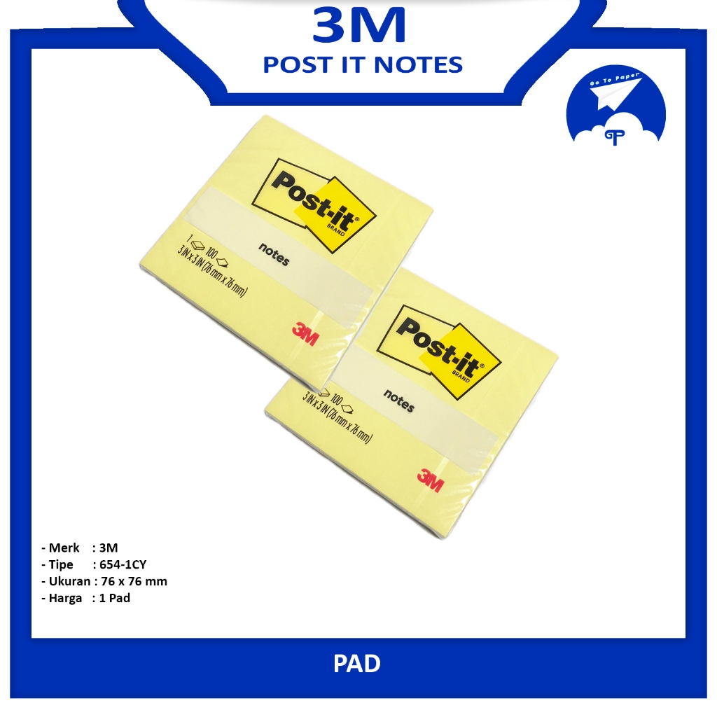 

3M - Post It Sticky Notes 654-1CY 76mm x 76mm Yellow - Pad