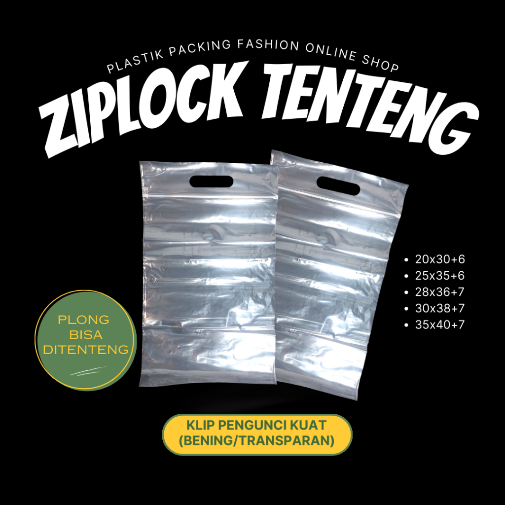 

Ziplock klip Tenteng plong Bening Transparan plastik packing fashion online shop 20x30+6, 25x35+6, 28x36+7, 30x38+7, 35x40+7