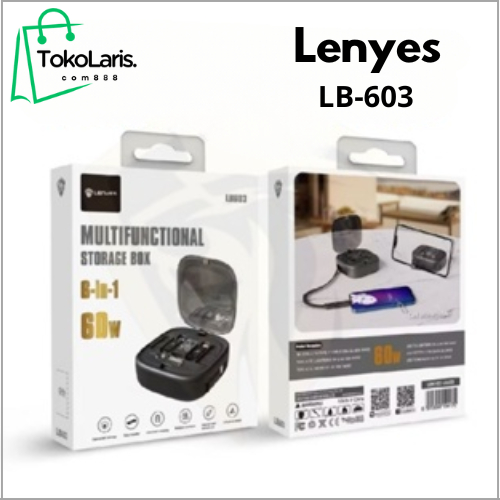 LENYES LB-603 60W Storage Multifungsi Box 6in1 Cable Type C Fast Charger with Converter USB + Lightn