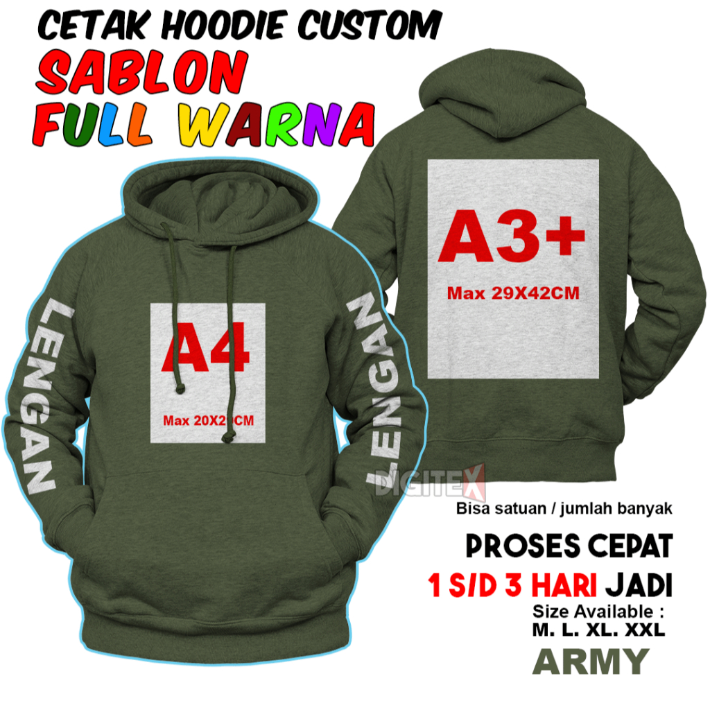 Hoodie Pria Wanita Custom Sablon Logo Gambar Foto Tulisan sendiri Bahan Tebal Kualitas Distro - ARMY