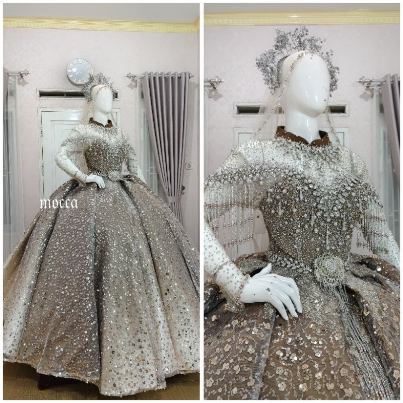 GAUN WEDDING CANTIK MEWAH EKOR/BAJU PENGANTIN FULL MUTIARA/GAUN PENGANTIN MUSLIMAH PAYET/GAUN MEWAH
