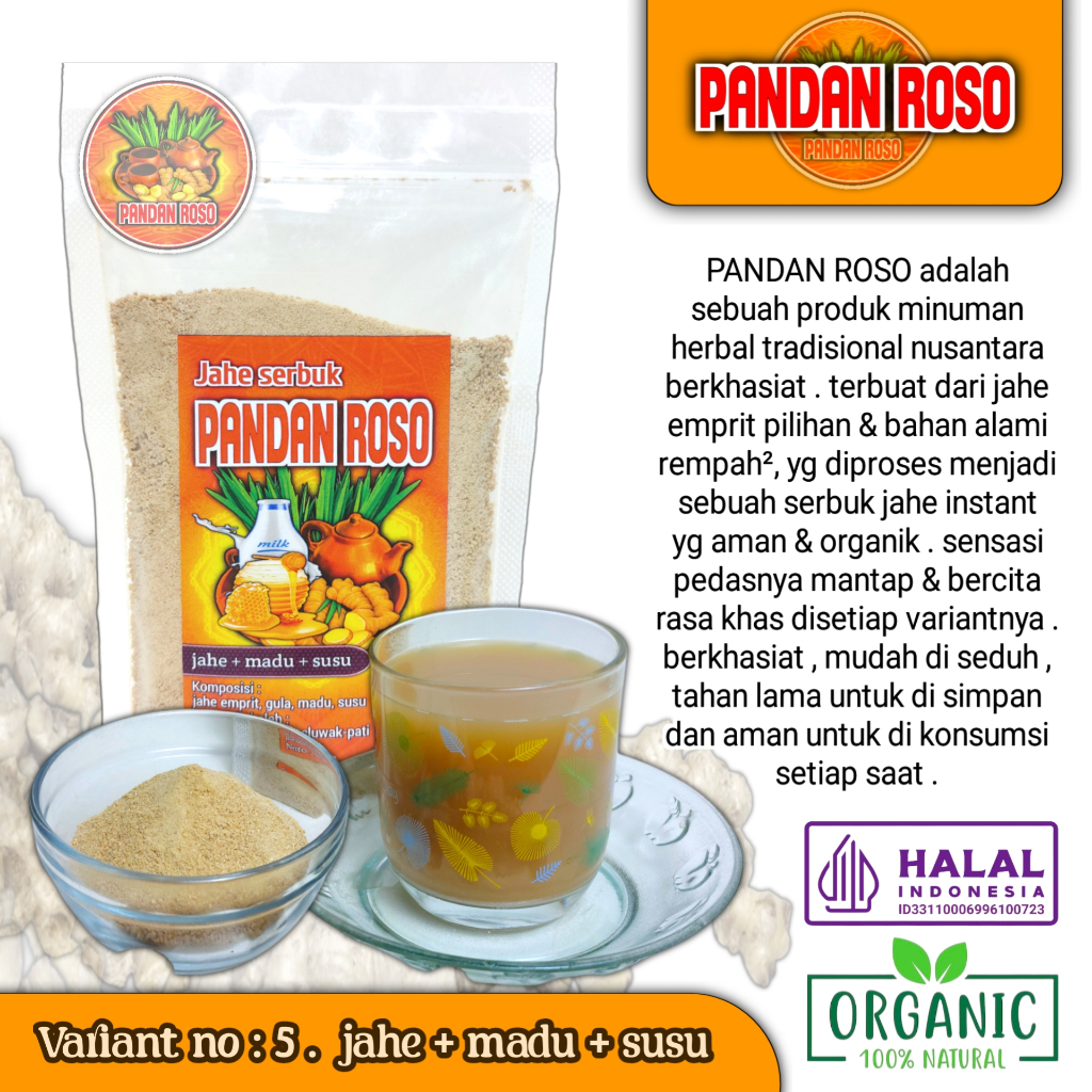 

JAHE SERBUK PANDAN ROSO variant JAHE MADU SUSU 200gr (no.5)