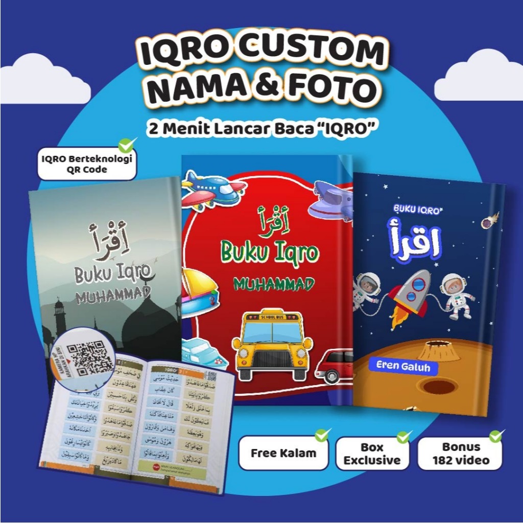 Alfareza - Buku Iqro Custom Nama & Foto Hardcover Softcover Full Color BW / Dilengkapi QRCode / Iqra