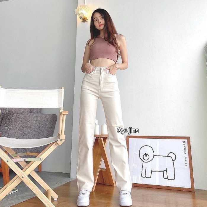 Qyujins - HW Loose Denim Cream Highwaist Baggy Celana Jeans Wanita Straight Korea Style