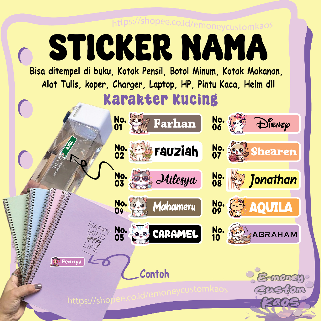 

STICKER LABEL NAMA DESIGN KUCING LUCU STIKER CUSTOM LEBEL PREMIUM MURAH LUCU BISA TEMPEL DI BUKU KOTAK PENSIL HELM BOTOL MINUM KOTAK MAKANAN ALAT TULIS KOPER LAPTOP HP PINTU KACA
