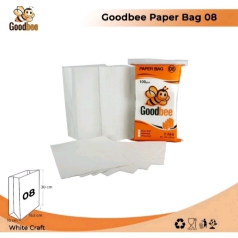 

PAPER BAG GOODBEE KODE 08 - WHITE KRAFT - KANTONG KERTAS GOODBEE - ISI 100 LEMBAR