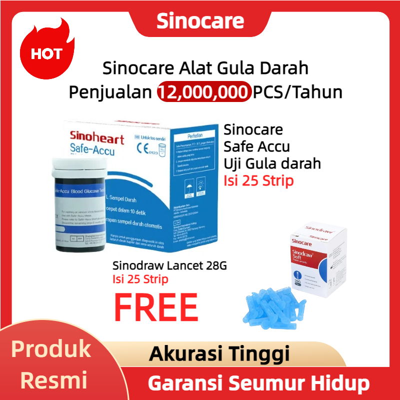 Sinocare/Sinoheart Safe Accu Strip Uji Gula Darah (25 Strip) Strip Uji Gula Darah BONUS JARUM