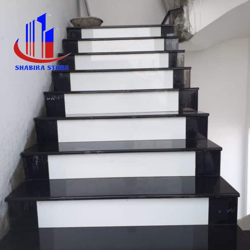 Granit keramik tangga kombinasi hitam putih 30×90 30×100 stepsnosing custom list plint tangga