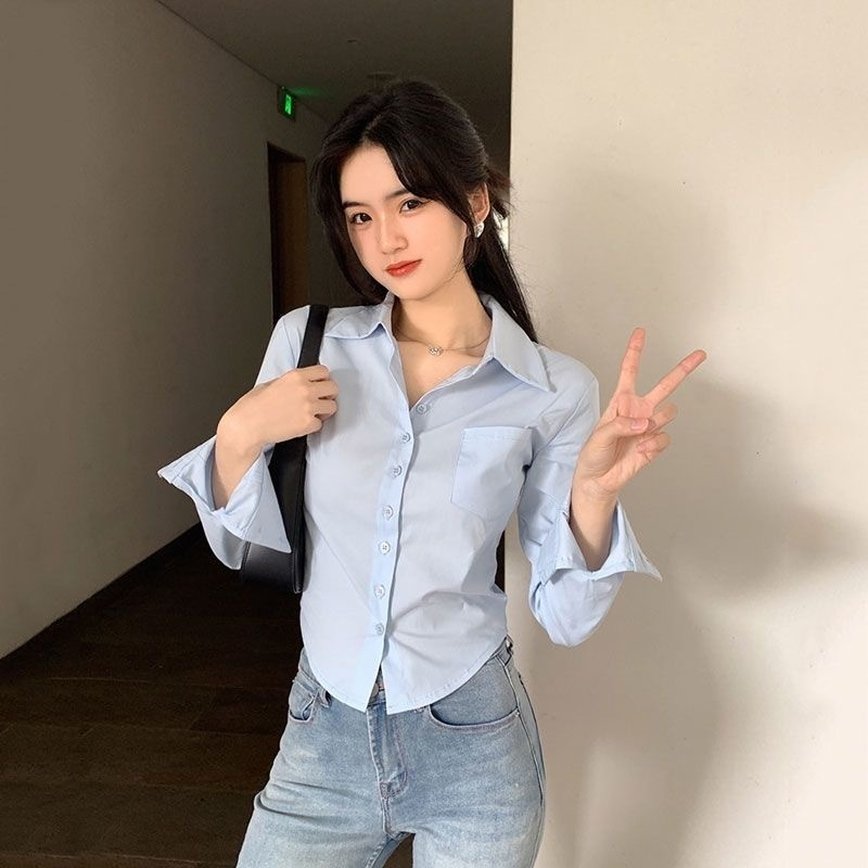 Kemeja Feni Crop | Atasan Kemeja Crop Korean Style Lengan Panjang Terbaru (LD 90 PJ 42)