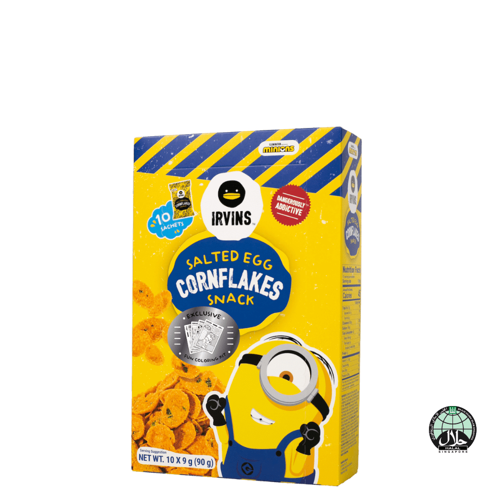 

IRVINS X MINIONS SALTED EGG CORNFLAKES SNACK 90G (10 SACHETS X 9G) WITH COLORING KIT