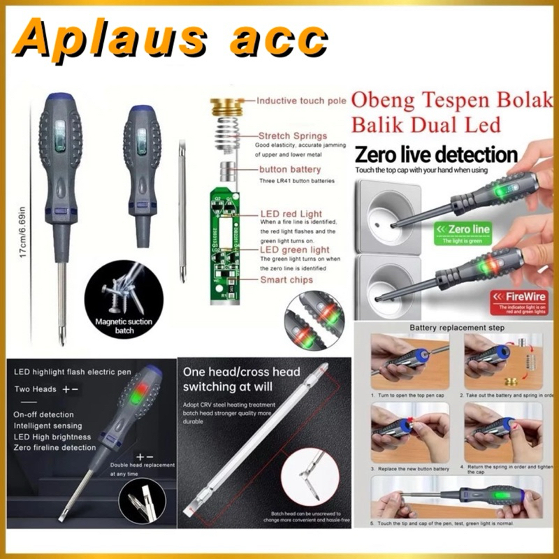 Obeng Tespen Bolak Balik Dual LED Tespen Induksi Tester Lokasi Gagang Karet Anti Karat Slip Serbaguna