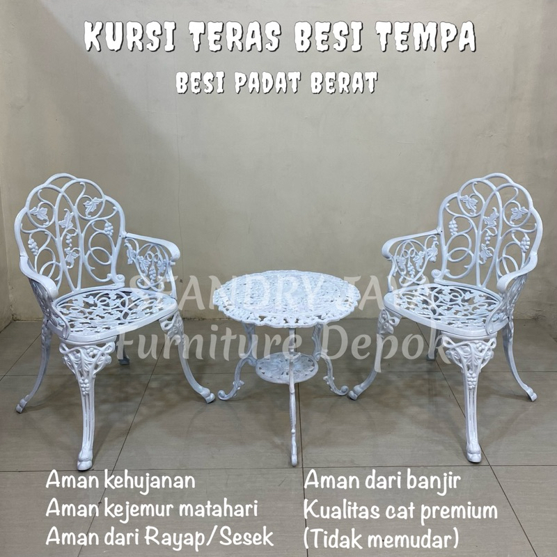 KURSI TERAS TAMAN BESI ISI COR TEMPA PUTIH/2 Kursi+Meja/kokoh awet/ukir/SEANDRY JAYA Furniture Depok
