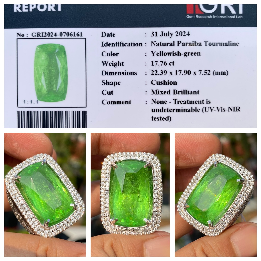 Natural 17.76ct paraiba green tourmaline jumbo memo gri