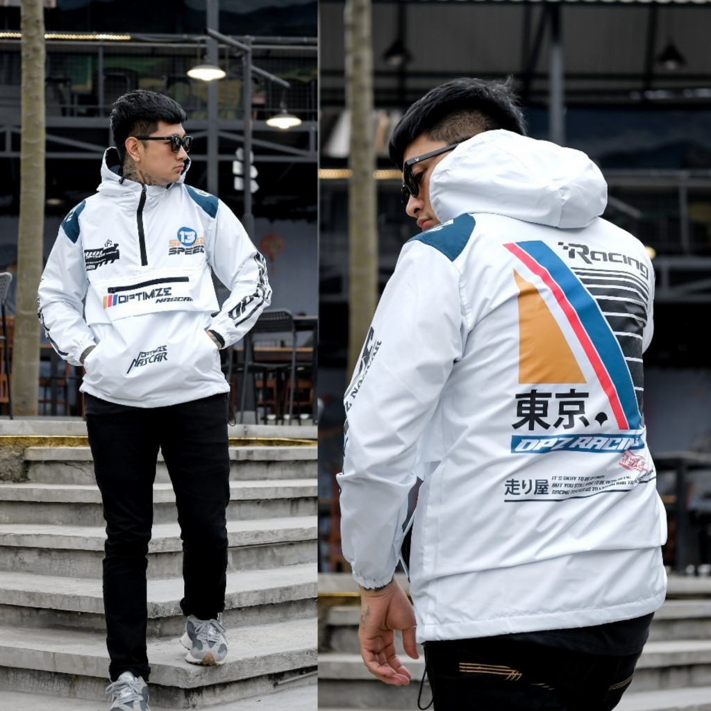 Jaket Parasut Cagoule Waterproof Windbreaker Combine Logo White - Jacket Cagoule Nascar Racing Pria 