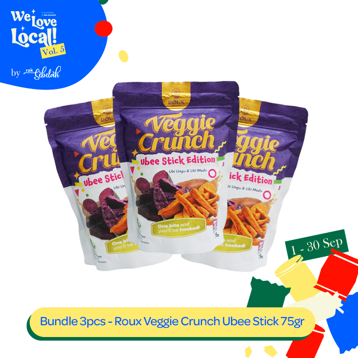 

Bundle 3pcs Roux Veggie Crunch Purple Ubee Stick Edition 75g - Snack Keripik Stik Ubi Ungu Madu | Rak Sebelah