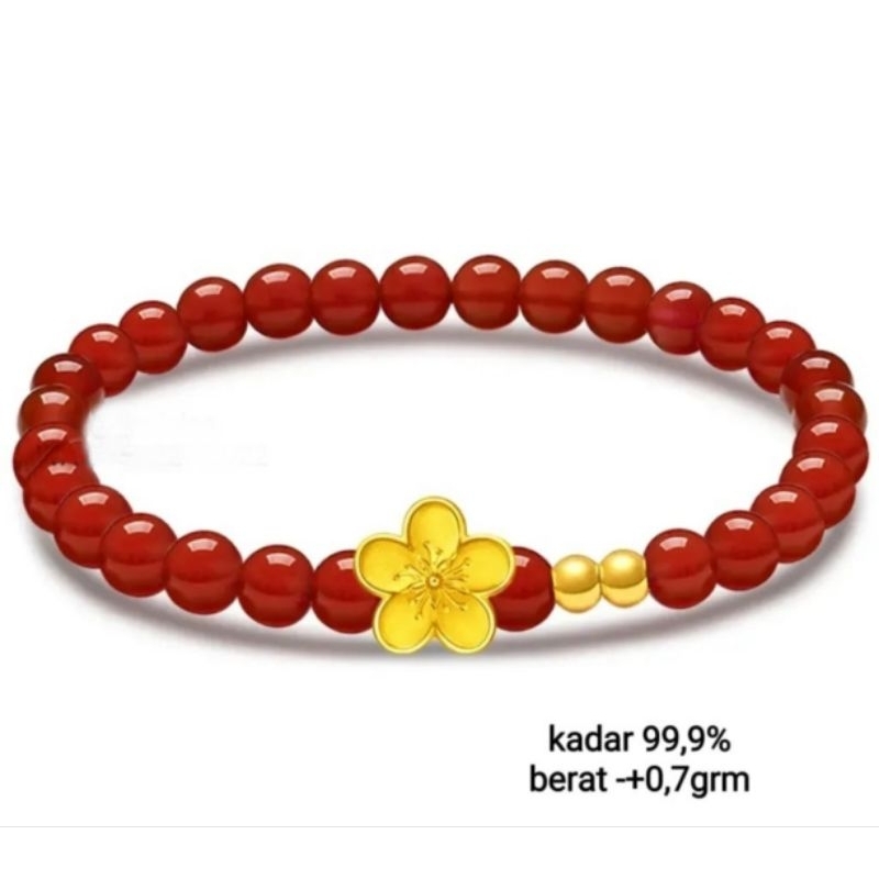 charm bunga sakura & bola/ bulat/ bundar emas 24k hongkong 999 gelang batu asli
