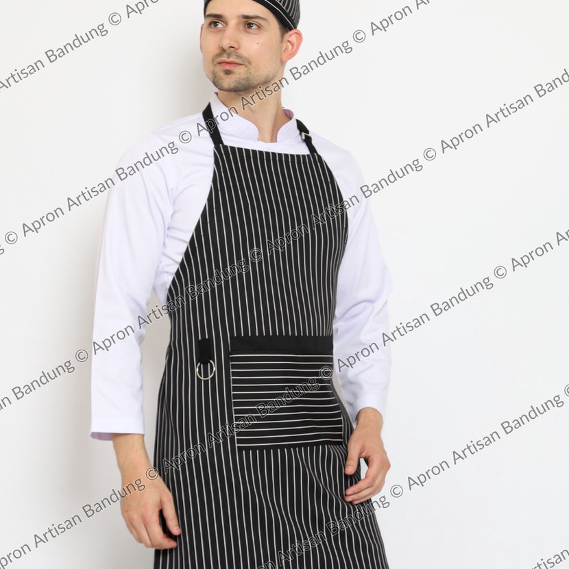 berkualitas Celemek Masak Apron Chef Full Tali Kalung Loreng Hitam Putih Ukuran All Size Untuk Koki 