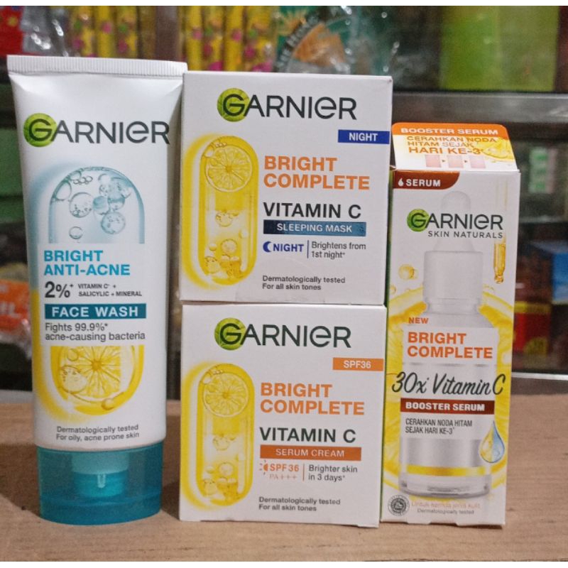 (Paket Lengkap) Garnier Bright Complete Vitamin C ACNE Facial Foam(1set : 4 item)fw+dc+nc+sr