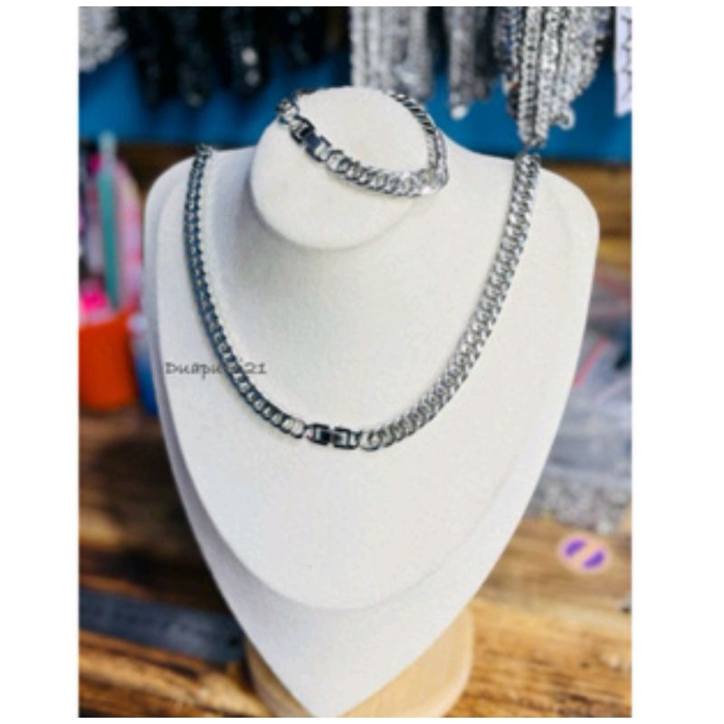 SATU SET KALUNG DAN GELANG RANTAI TITANIUM 7mm JEPIT JAM PRIA DAN WANITA ANTI KARAT