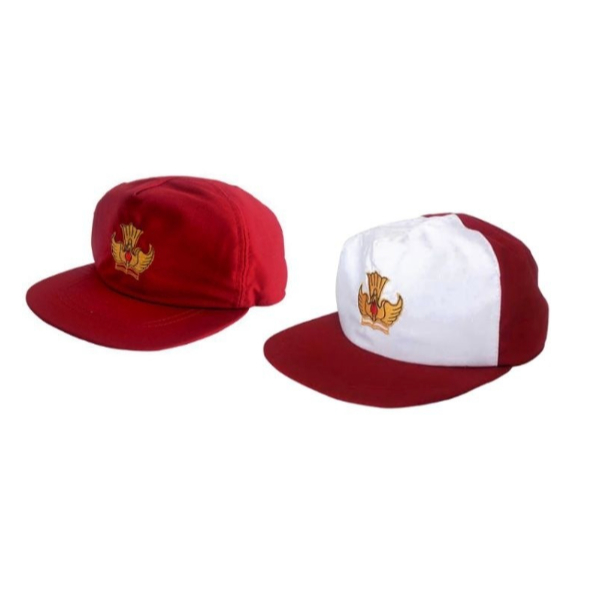Grosir Topi Sekolah SD Warna MERAH dan MERAH PUTIH Logo Bordir 1 Kodi (20 Pcs)