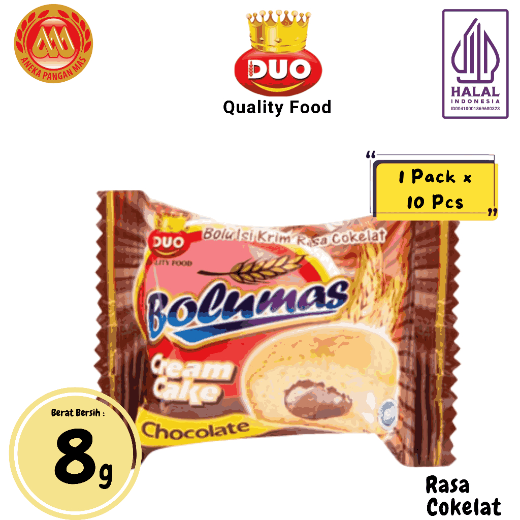 

DUO Bolumas Cream Cake Bolu mini Cokelat Soft Cake (1pack x 10pcs) - Netto 8gr Snack Cemilan Anak Murah