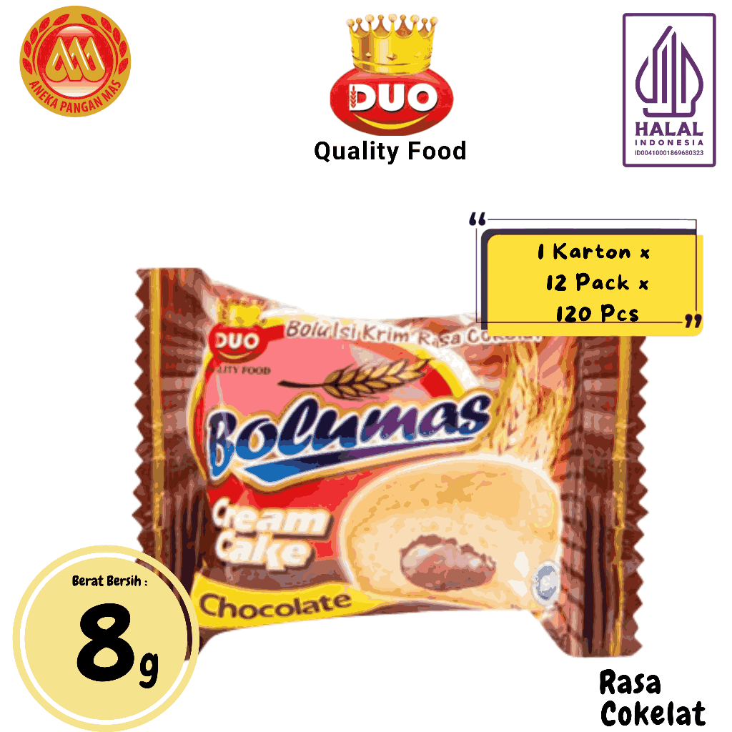 

DUO Bolumas Cream Cake Bolu mini Cokelat Soft Cake (1 Karton X 12 Pack X 10pcs) - Netto 8gr Snack Cemilan Anak Murah