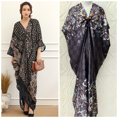 Kaftan Wanita Motif Batik Dress Maxi Satin Elegan Baju Pesta Kondangan Kekinian Kaftan Jumbo Ld 160 