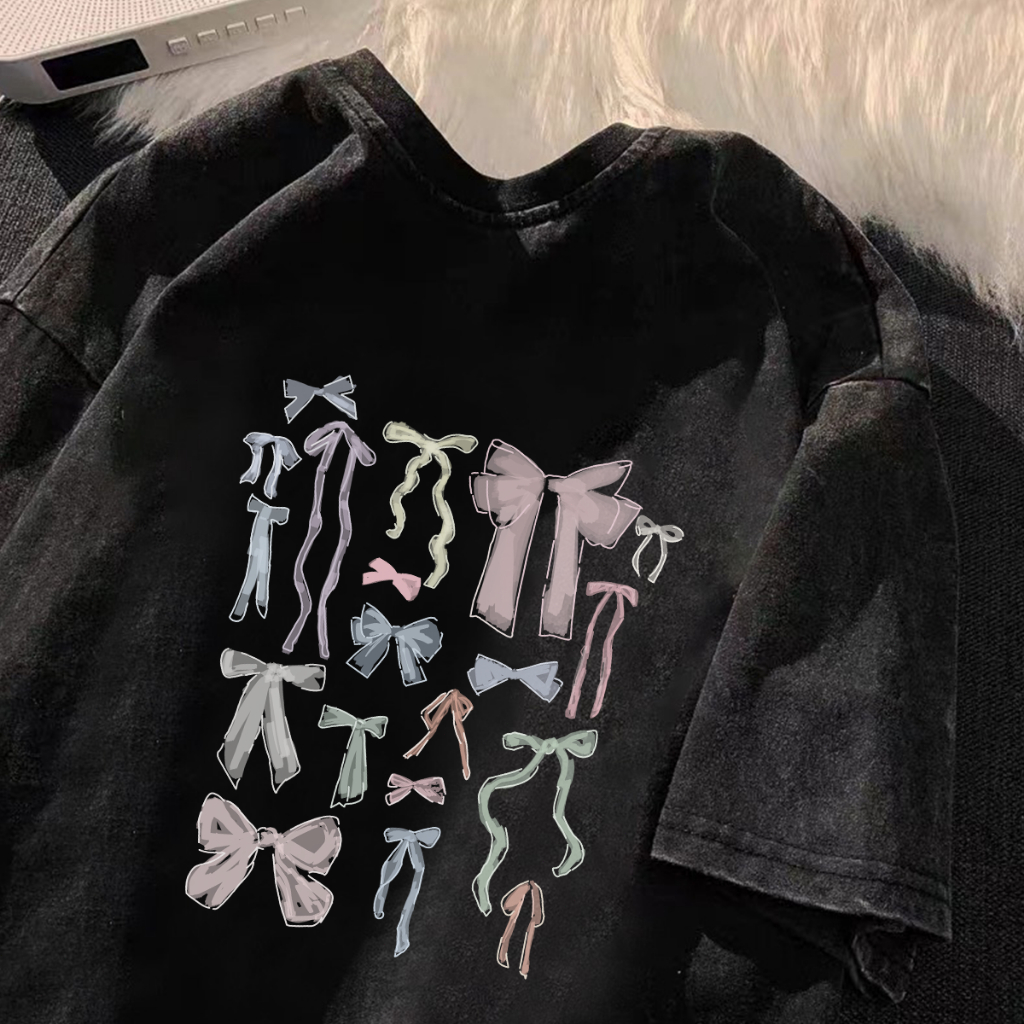 seoul_print T-shirt Hitam Washed Oversize Cotton Bowknot Kaos Lengan Pendek Wanita Korean Style Retr