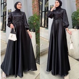 Mila Lyodra dress muslim korea satin kondangan bridesmaid muslim Gaun pesta Lengan Balon