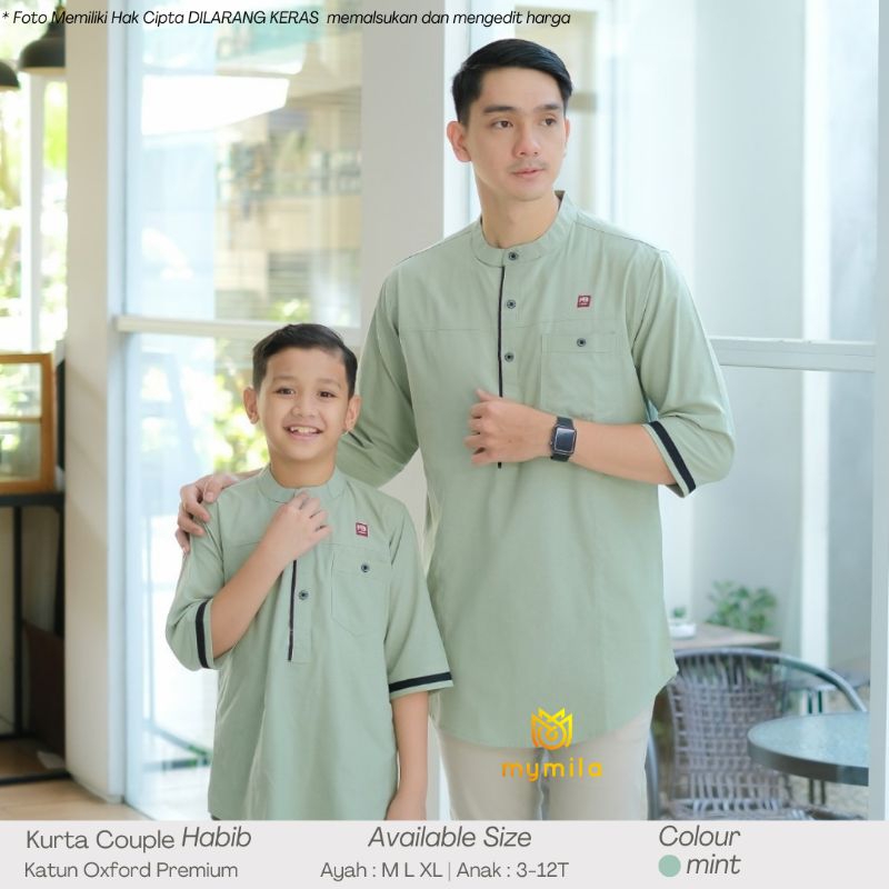 baju koko couple ayah dan anak lengan 3/4 warna mint bahan oxford kurta couple habib