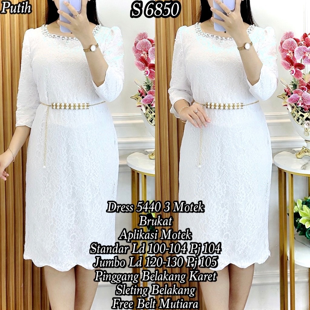6850 Dress Brukat Span Acc Mutiara Dress Putih Span Free Belt Mutiara