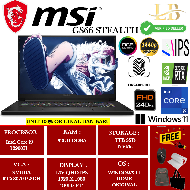 Laptop Gaming MSI GS66 Stealth Intel i9 12900H 32GB 1TB RTX3070TI-8GB 15" QHD IPS 240Hz PKRGB