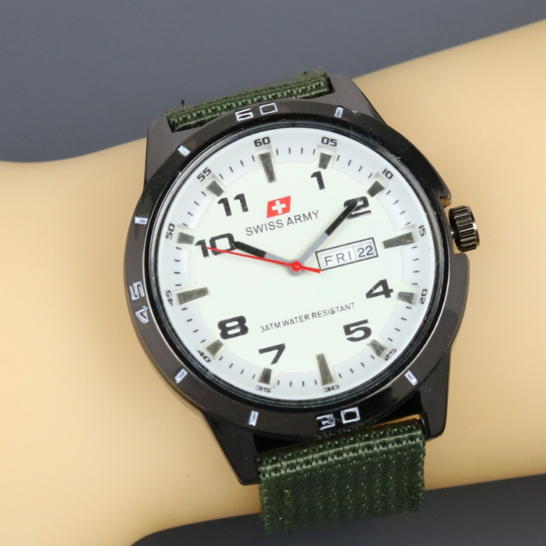 Jam Tangan Pria Swiss Quartz Tali Kanvas Army  45mm Tanggal hari Aktif Best Quality Importir