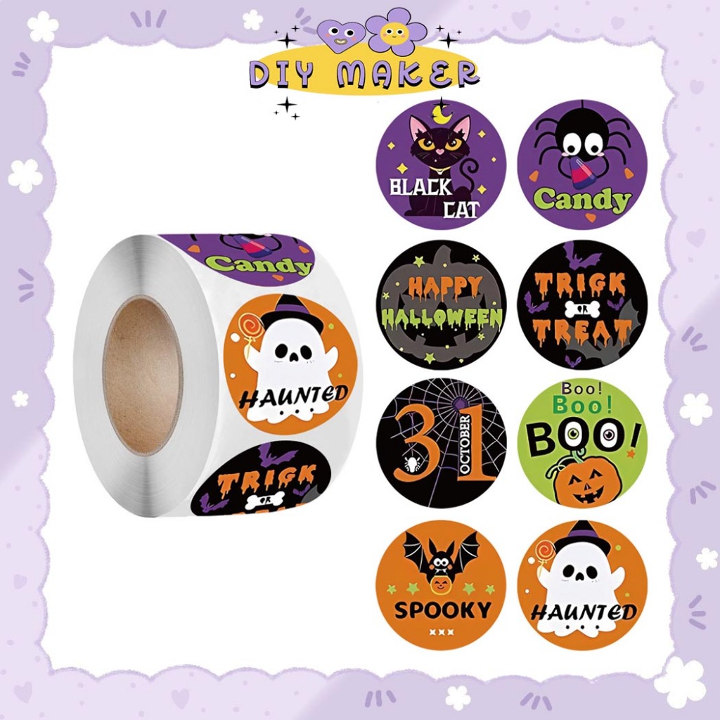 

DM Label Stiker Roll 500 Pcs Untuk Tempel Di Kemasan Jualan Hadiah Sticker Roll Mini Motif Hallowen