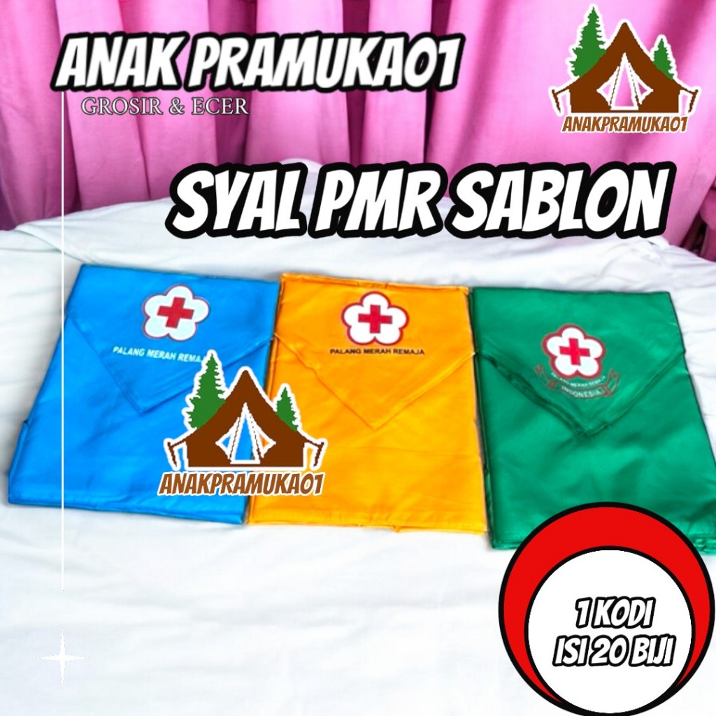 1 kodi syal PMR sablon / syal pmr hijau / syal pmr biru / syal pmr kuning / syal pmr putih sablon