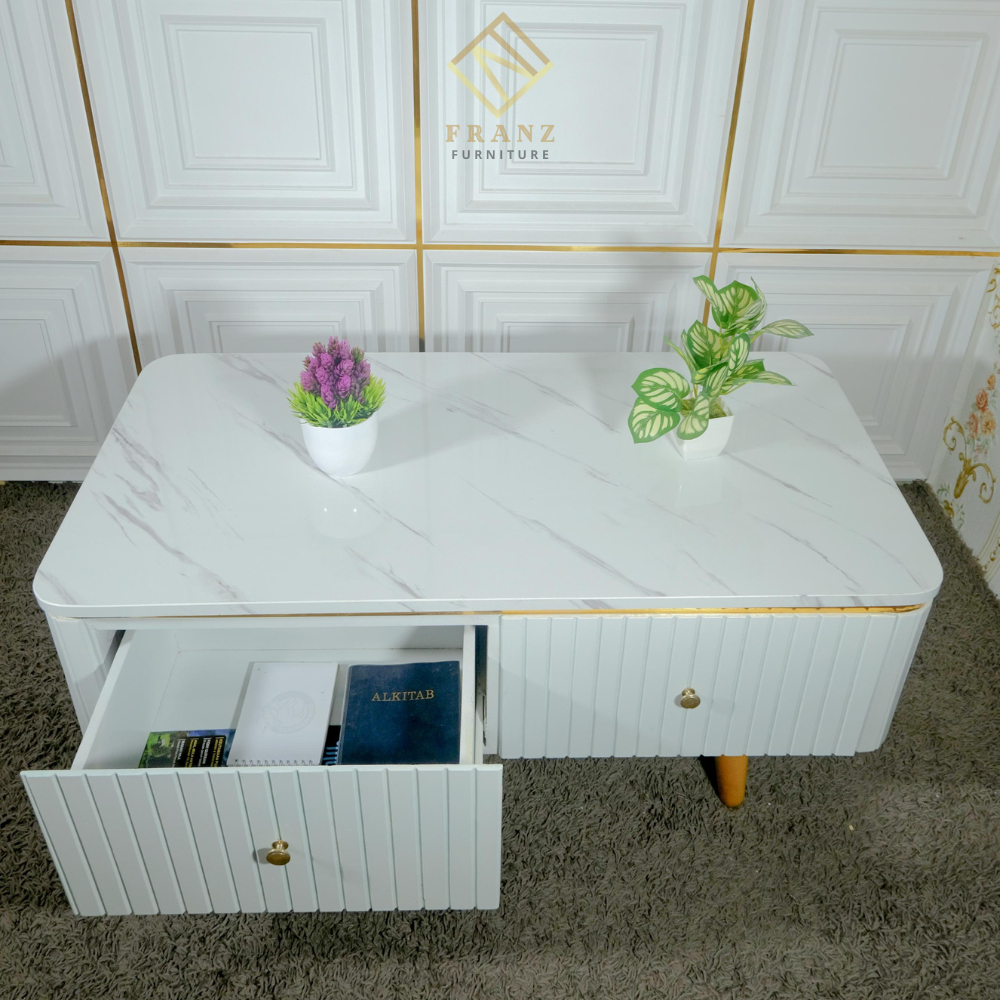 Meja TV Minimalis Modern 100cm Kotak - Meja Tamu HPL Marmer Gold 2 Rak Elegan Ruang Tamu Mewah