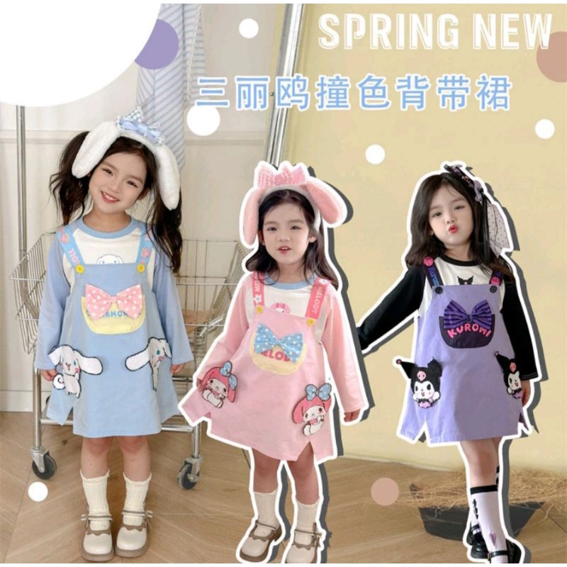 Dress kuromi  4tahun - 7tahun 2in1 baju cinnamorol melody karakter sanrio pink biru lilac hitam baju