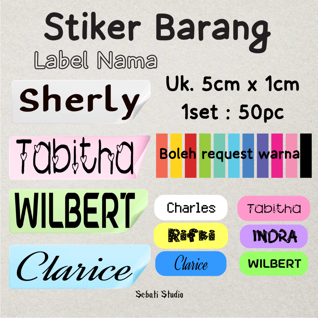 

FULL COLOR STIKER BARANG LABEL NAMA Custom FREE CUSTOM NAMA isi 50pc | Bebas REQUEST WARNA PART 1