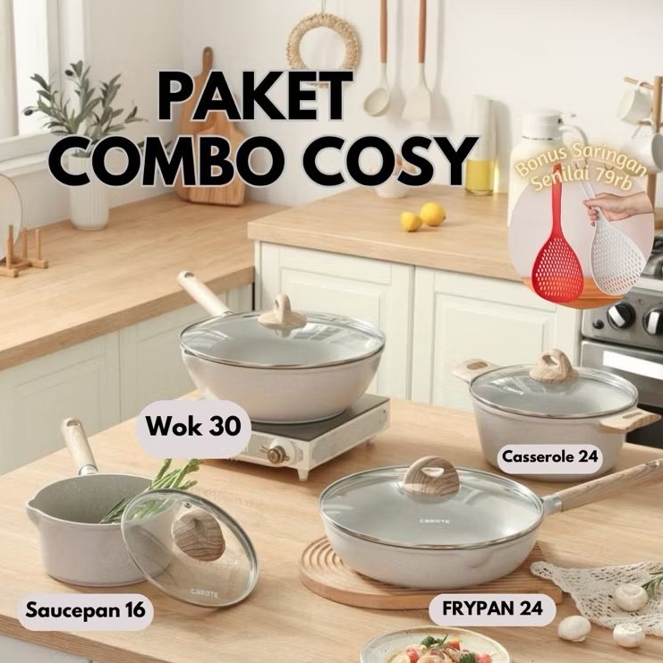 Carote Paket Combo White Cosy ( Wok 30 cm , frypan 24 cm, saucepan 16 cm, casserole 24 cm)