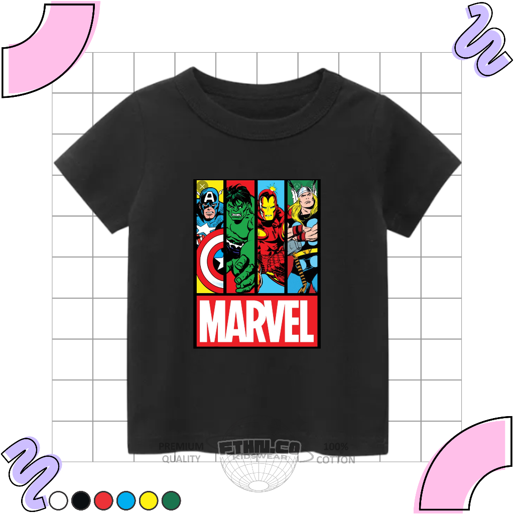 Baju Kaos Pendek Anak 1-10 Tahun Karakter Superhero Gambar Marvel Motif Iron Man Hulk Captain americ