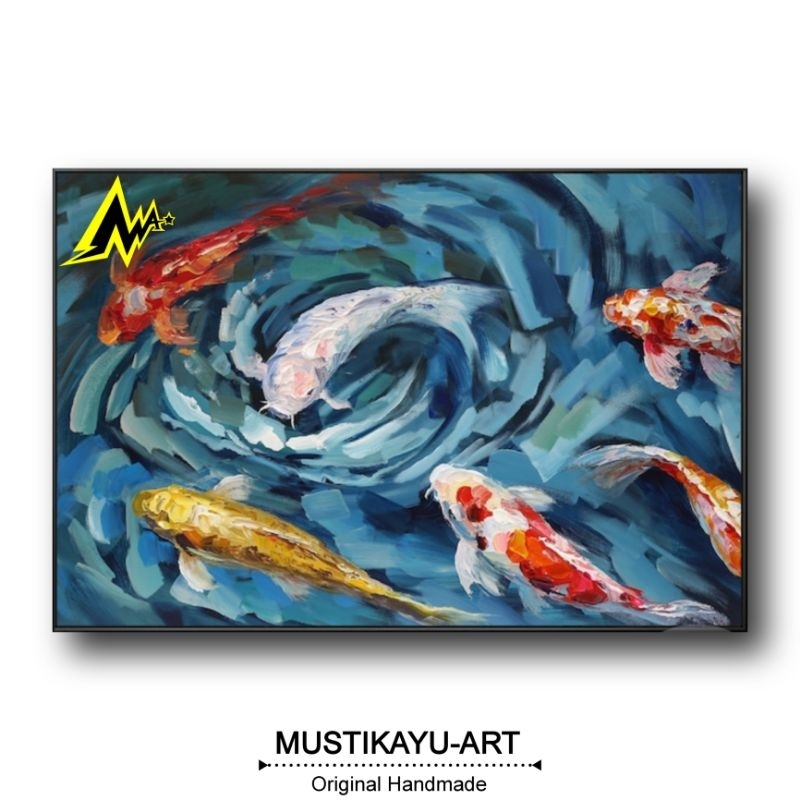 Lukisan kanvas abstrak ikan koi 80x120 cm frame pajangan dinding