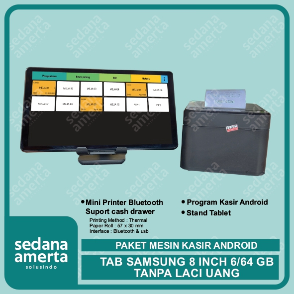 Paket Mesin Kasir Android POS Tablet/Tab Samsung 8 Inch 4/64 GB - TANPA LACI UANG : Tab, & Printer T